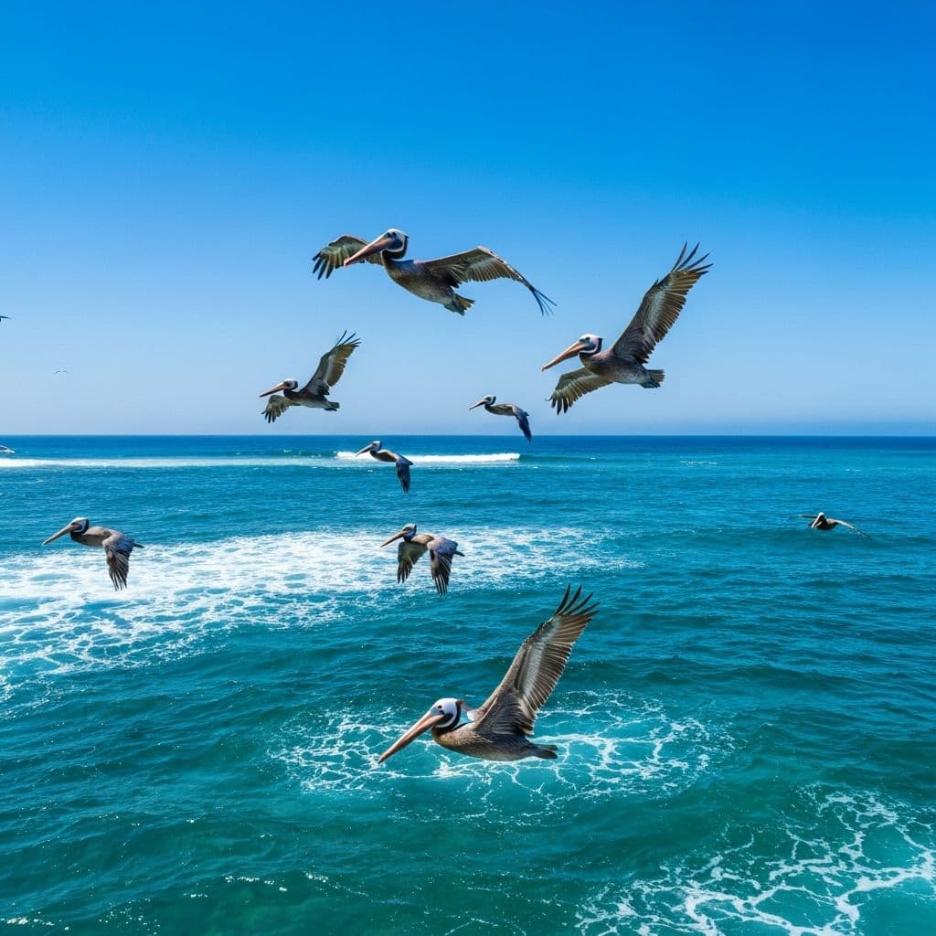 Brown pelicans flying over the sea in Baja California