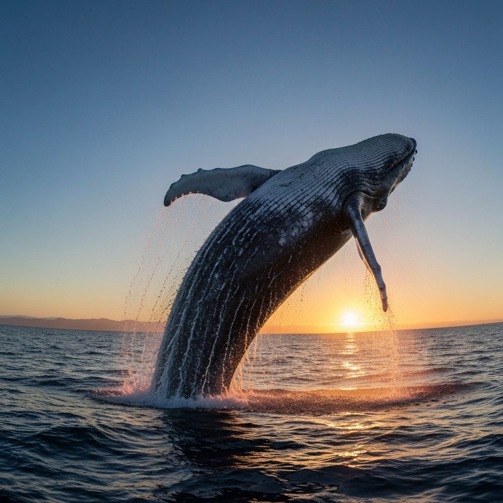 Gray whale breaching at sunset in Baja California