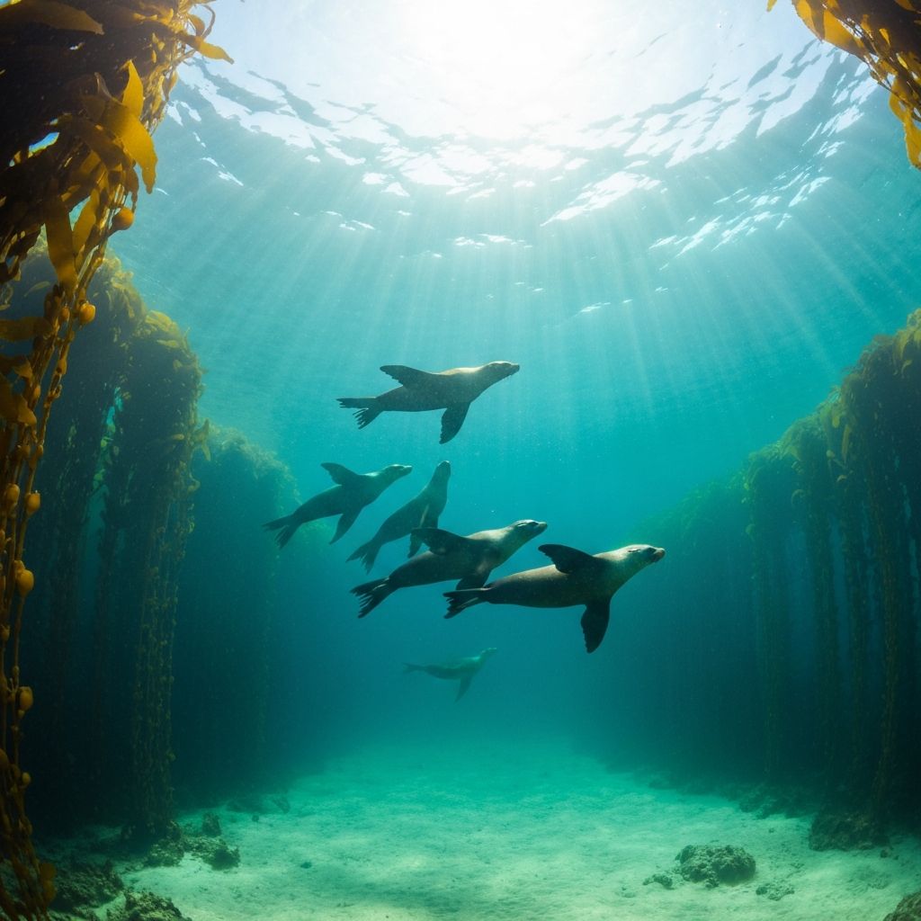 Lobos marinos nadando bajo el agua en Espíritu Santo
